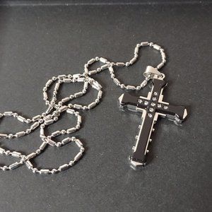 Black And Silver Tone Cross Necklace 23.5 Inches Long